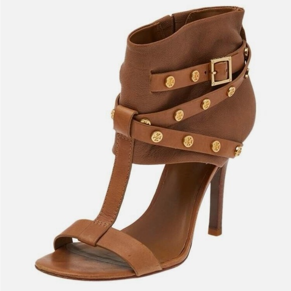 Tory Burch Brown Leather Honey T Graham T-Strap Booties Size 8.5 - Picture 1 of 6